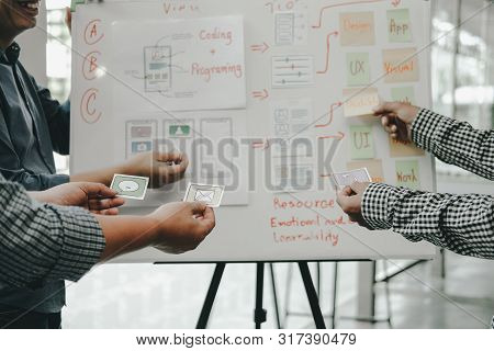 User Experience Ux Designer Designing Web On Smart Phone Layout. Ui Planning Mobile Application. Dev