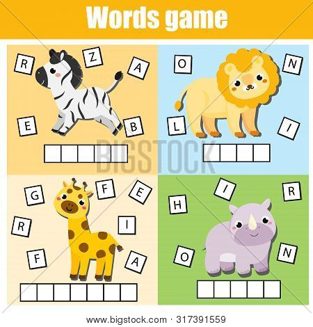 African Animals. Write Missing Letters And Complete Words. Crossword For Kids And Toddlers. Educatio