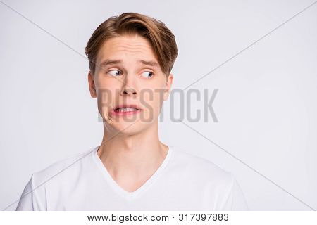 Close-up Portrait Of His He Nice Cute Attractive Worried Uncertain Guy Looking Aside Oops Mistake Fa