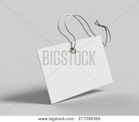 Blank Tag Tied With String. Price Tag, Gift Tag, Sale Tag, Address Label Isolated On Grey Background