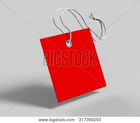 Blank Tag Tied With String. Price Tag, Gift Tag, Sale Tag, Address Label Isolated On Grey Background