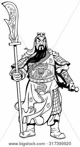 Vector Line Art Illustration Of The Legendary Chinese General Guan Yu.