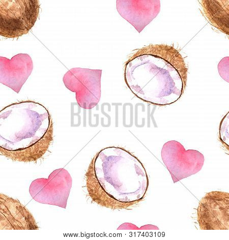 Watercolor Tropical Seamless Pattern With Coconut And Pink Hearts Isolated On A White Background