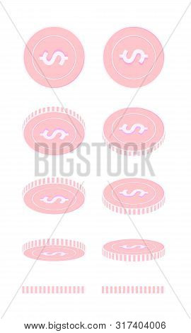American Dollar Rotating Coins Set, Animation Ready. Pink Usd Copper Coins Rotation. Usa Metal Money