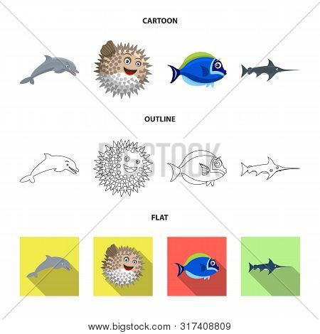 Vector Design Of Sea And Animal Symbol. Set Of Sea And Marine Vector Icon For Stock.