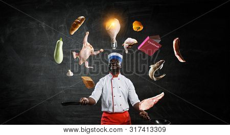 Black chef creative cooking. Mixed media.