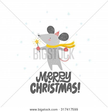 Merry Christmas Card With Cute Rat, Mouse. Happy New Year Greeting Card With Handwrtitten Lettering.