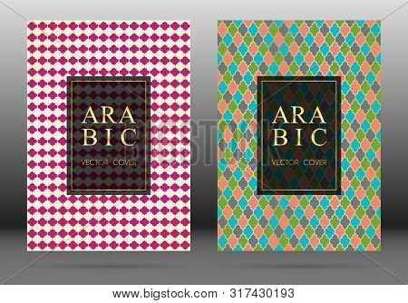 Osman Pattern Vector Cover Page Layout Design Set In Arabic Style Mosaic In Gold Grid. Islamic Backg