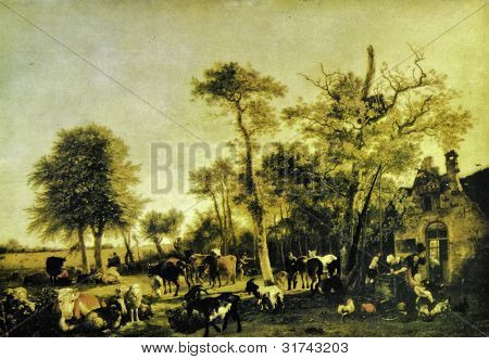 SSSR - cca 1977: Pohlednice tištěné v SSSR ukazuje draw Paulus Potter (1625-1654) 