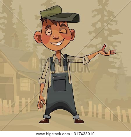 Cartoon Cheerful Winking Village Boy Points His Hand To The Side Against The Background Of The Villa