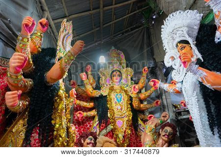 Kolkata, West Bengal, India - 7th October 2018 : Clay Idol Face Of Goddess Durga, With White Dress F