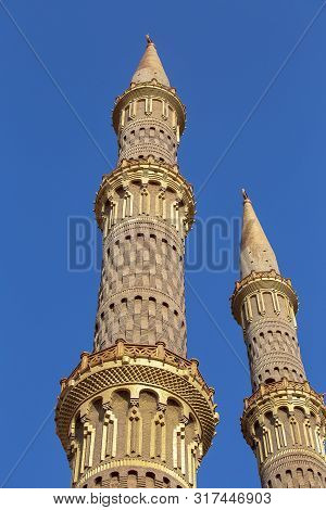 Two Towers Of The Al-sahaba Mosque Against A Blue Sky In Sharm El Sheikh, Egypt. Architecture Of Al 