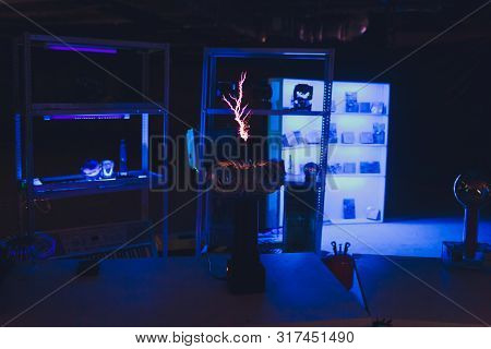Lightning On A Black Background - Corona Discharge Of Tesla Coil.