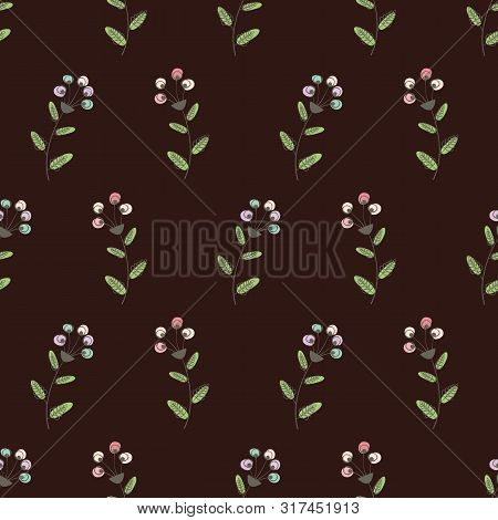 Linocut Style Pink, Blue Flowers And Green Leaves With Offset Color. Seamless Vector Pattern On Maro