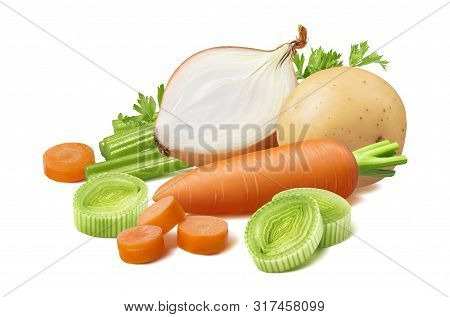 Potato, Leek, Celery, Carrot And Onion Isolated On White Background. Package Design Element With Cli