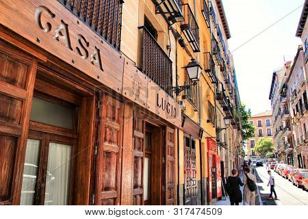 Madrid, Spain- June 14, 2019: Typical And Famous Spanish Restaurant Called Casa Lucio With Wooden Fa