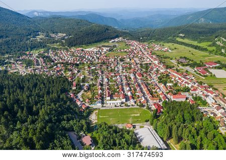 Croatia, Town Of Delnice In Gorski Kotar, Panoramic View Of Town Center From Drone In Summer