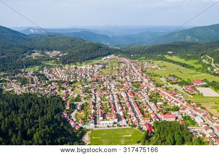 Croatia, Town Of Delnice In Gorski Kotar, Panoramic View Of Town Center From Drone In Summer