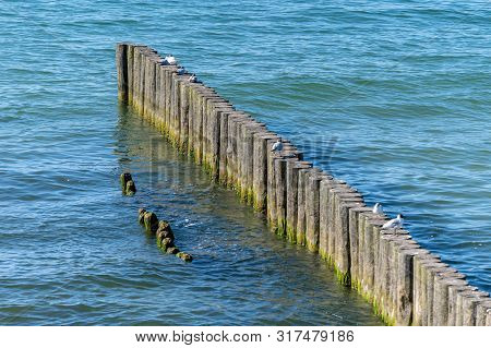 Breakwater On Beach. Wooden Sea Separator. Beautiful Seascape. Protection Holidaymakers From Effects