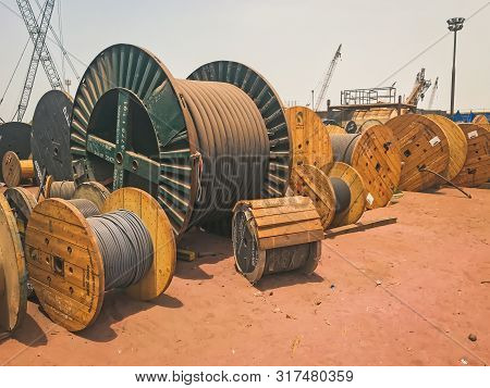 Abudhabi, Uae- July 30, 2019: Cable Drums Stored In Yard.