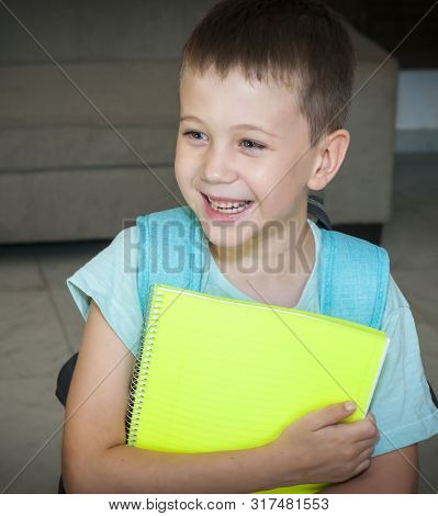 Cute First Grader Kid Start Going To School For The First Time. First Class Elementary School Caucas