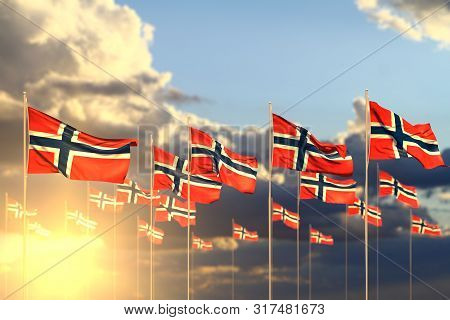 Cute Many Norway Flags On Sunset Placed In Row With Soft Focus And Space For Your Text - Any Feast F