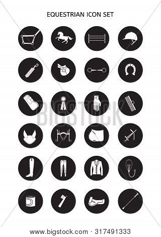 Vector Flat Black Set Collection Of Round Equestrian Horse Equipment Icon Isolated On White Backgrou