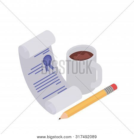 Cup Of Coffee With Pencil And Sheet Of Paper On White Backgroud Vector Illustration Design