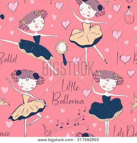 Seamless Pattern With Ballerina And Accessories.  Hand Drawn Design For Birthday And Baby Shower Gre