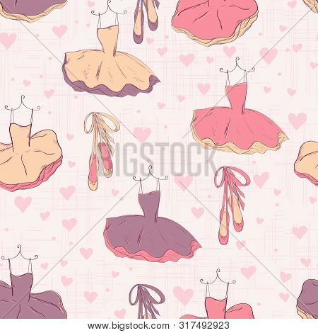 Seamless Pattern With Pointe Shoes For Ballerina.  Hand Drawn Design For Birthday And Baby Shower Gr