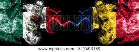 Mexico Vs Chad, Chadian Smoky Mystic Flags Placed Side By Side. Thick Colored Silky Abstract Smokes 