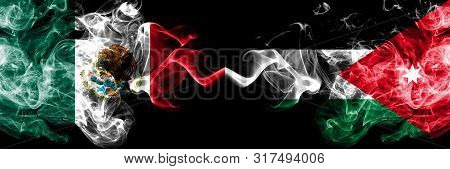Mexico Vs Jordan, Jordanian Smoky Mystic Flags Placed Side By Side. Thick Colored Silky Abstract Smo