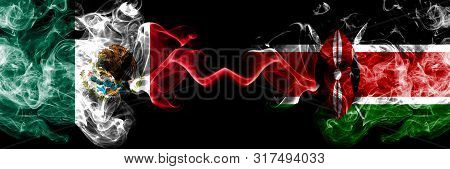 Mexico Vs Kenya, Kenyan Smoky Mystic Flags Placed Side By Side. Thick Colored Silky Abstract Smokes 