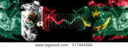 Mexico Vs Mauritania, Mauritanian Smoky Mystic Flags Placed Side By Side. Thick Colored Silky Abstra