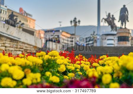 Close Up Of Flower Bed Next To Stone Bridge,skopje,north Macedonia.