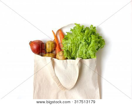 Fresh Vegetables Lettuce Leaves And Carrots In Linen Shopping Bag Fresh Ingredients For Vegitarian D