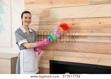 Young Chambermaid Wiping Dust With Brush In Hotel Room