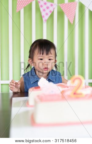 Portrait Of Asian Little Baby Girl Cheerful Birthday With The Second Years Cake, Cute Girl Enjoy In 