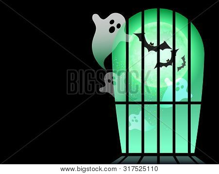 Happy Halloween Greeting Card Template With Ghosts, Bats, And A Full Moon, Vector Illustration