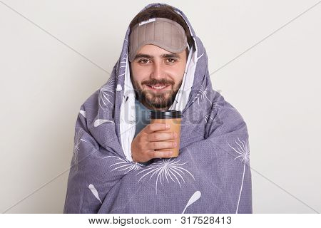 Indoor Shot Of Positive Unshaven Cheerful Young European Man Posing Isoated Over White Studio Wall W