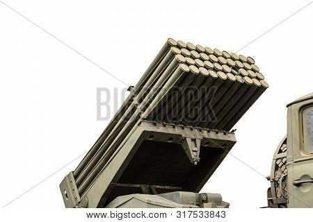 Russian Multiple Rocket Launcher Mounted On Soviet Military Truck Isolated On White Background