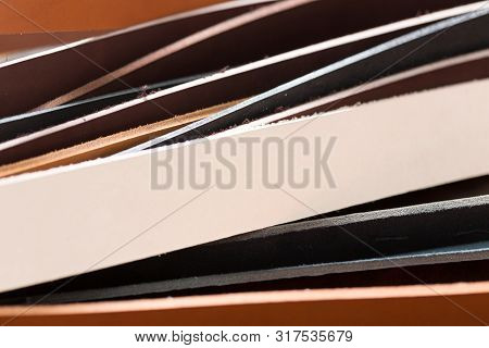 Close Up Of Different Leather Straps For Sewing Belts.