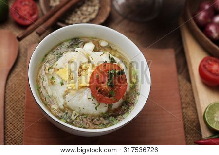 Bubur Ayam Or Indonesian Chicken Porridge With Soup