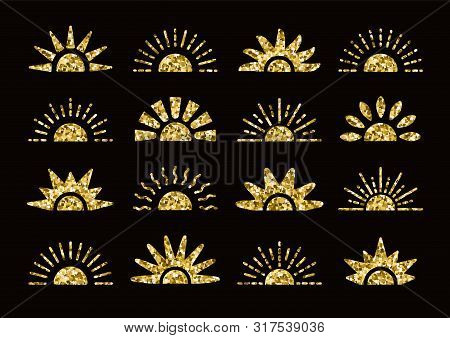 Golden Glitter Sunrise & Sunset Symbol Collection With Foil Mosaic Texture. Flat Vector Icons. Morni