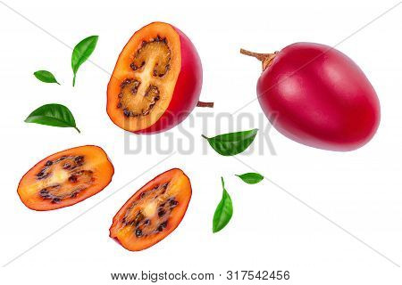 Fresh Tamarillo Fruit With Leaves Isolated On White Background. Top View. Flat Lay