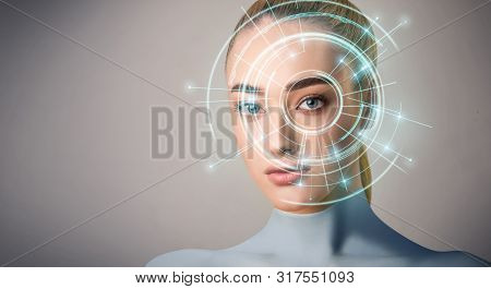 Future Technologies. Realistic Woman Robot With Eye Scanner Of Human, Panorama, Copy Space