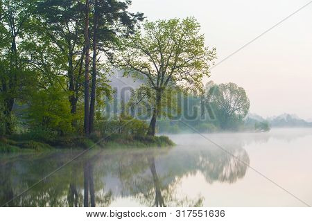 Fog Concept. Grees Grow Along River Bank On Misty Morning. Beautiful Landscape