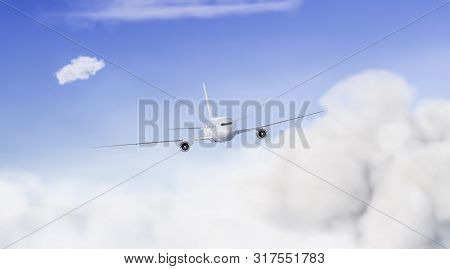 Blank White Flying Airplane Mockup On Sky Background, Front View, Depth Of Field And Motion Blur, 3d