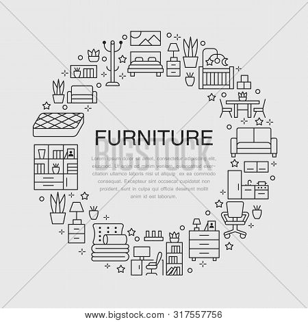 Furniture Sale Banner Illustration With Flat Line Icons. Living Room, Bedroom, Home Office Chair, Ki