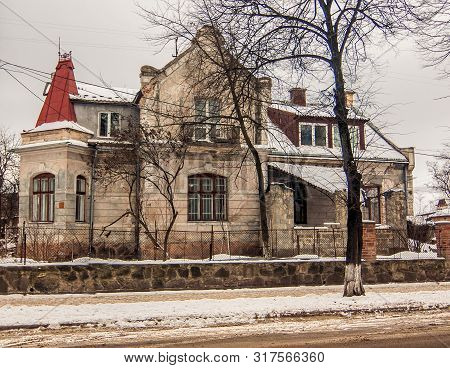 Old Mansion In Ivano-frankivsk, Ukraine. Winter, Cold Weather.
